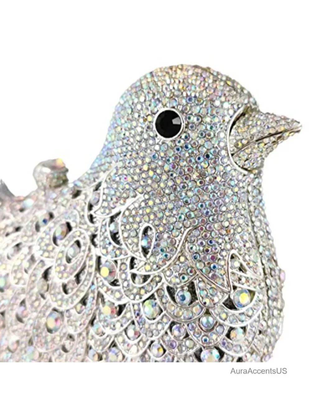 Handcrafted Crystal Bird Clutch Purse, Rhinestone Evening Bag with Chains